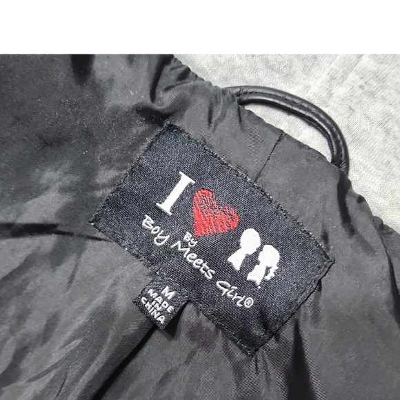 [ BOY MEETS GIRL ] Black faux leather moto jacket w/gray hood & sleeves: S: EUC - Picture 6 of 6